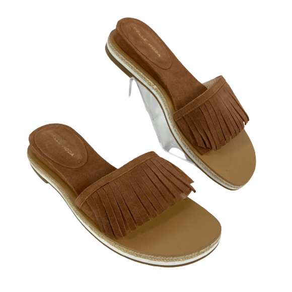 Pella Moda Sandals Womens Sz 8 Suede Leather Fringe Brown Slides Brown NEW - Picture 1 of 7